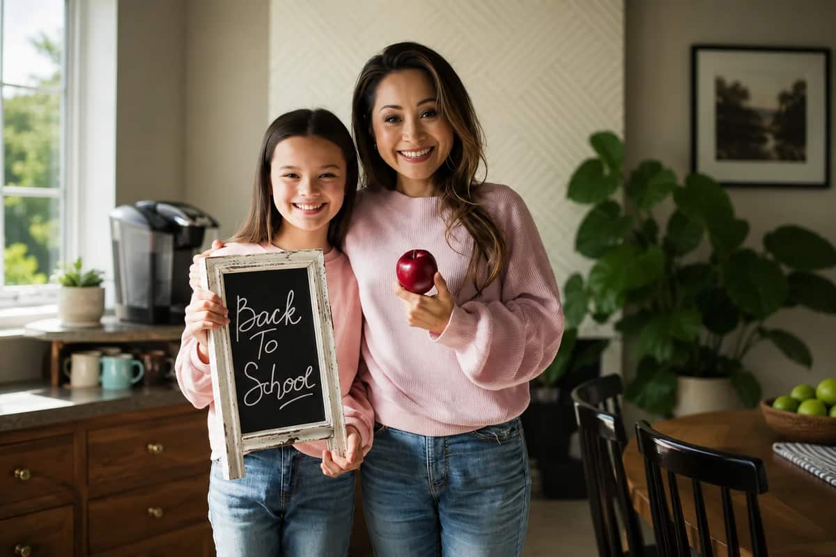 A mother and daughter on the first day of school